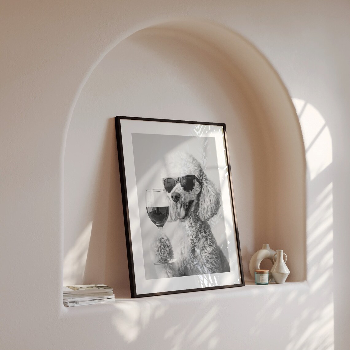 Poodle Holding Red Wine, Black and White Art Print - Image 4