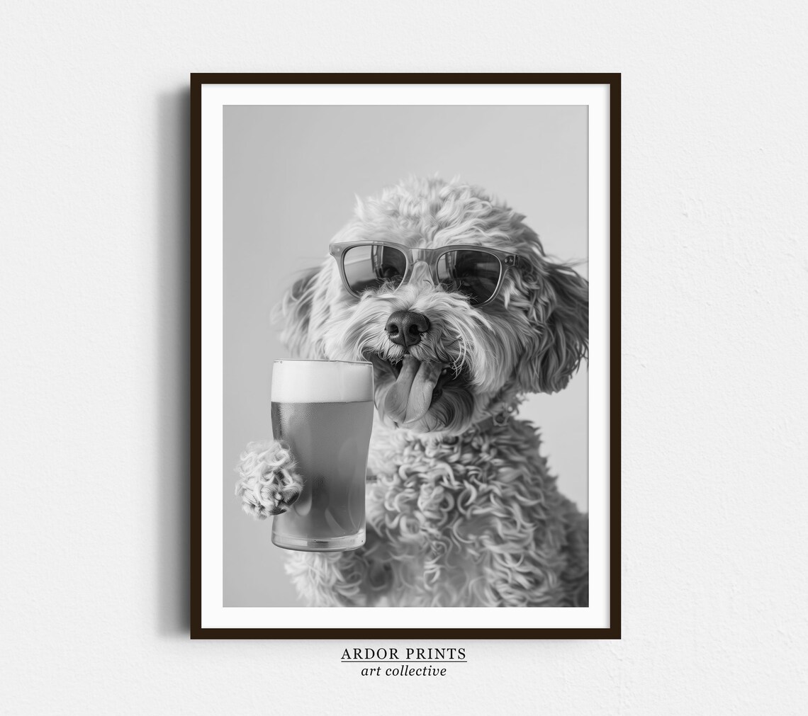 Cockapoo Drinking Beer Black And White Art Print