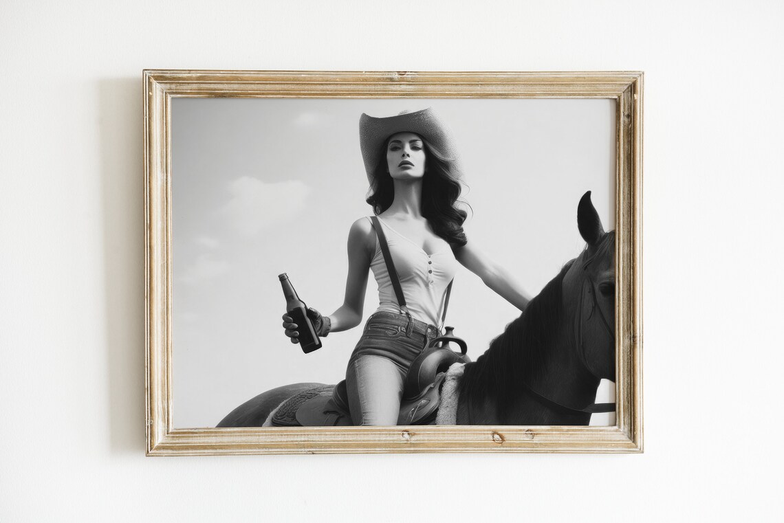 Cowgirl on Horseback Holding Beer Bottle Black White Western Poster - Image 2