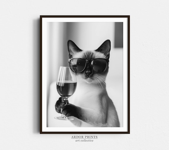 Siamese Cat With Sunglasses Holding Wine Glass Black White Poster