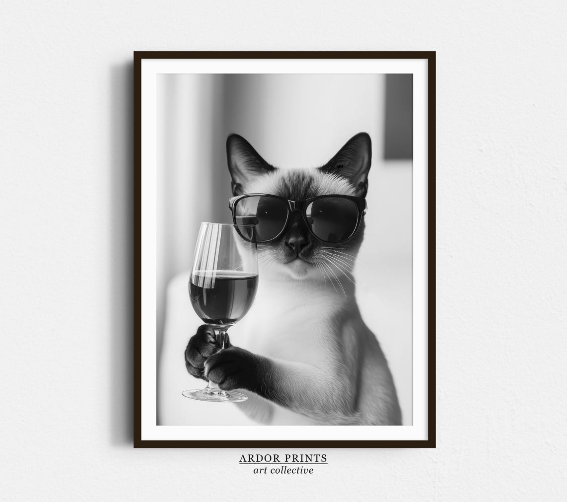 Siamese Cat With Sunglasses Holding Wine Glass Black White Poster