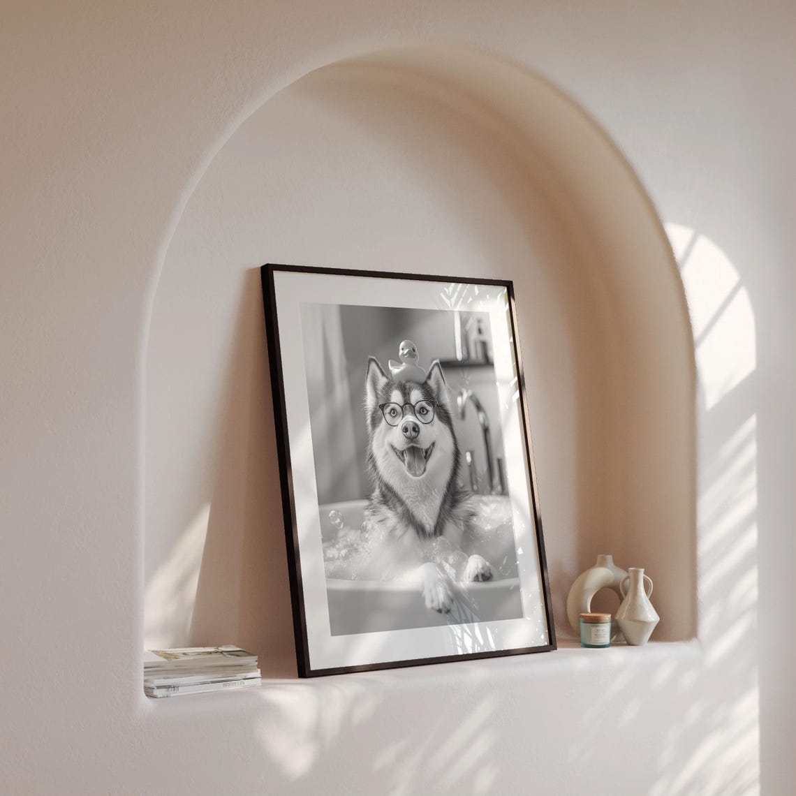 Alaskan Malamute in Bubble Bath With Rubber Duck on Head Funny Poster - Image 4
