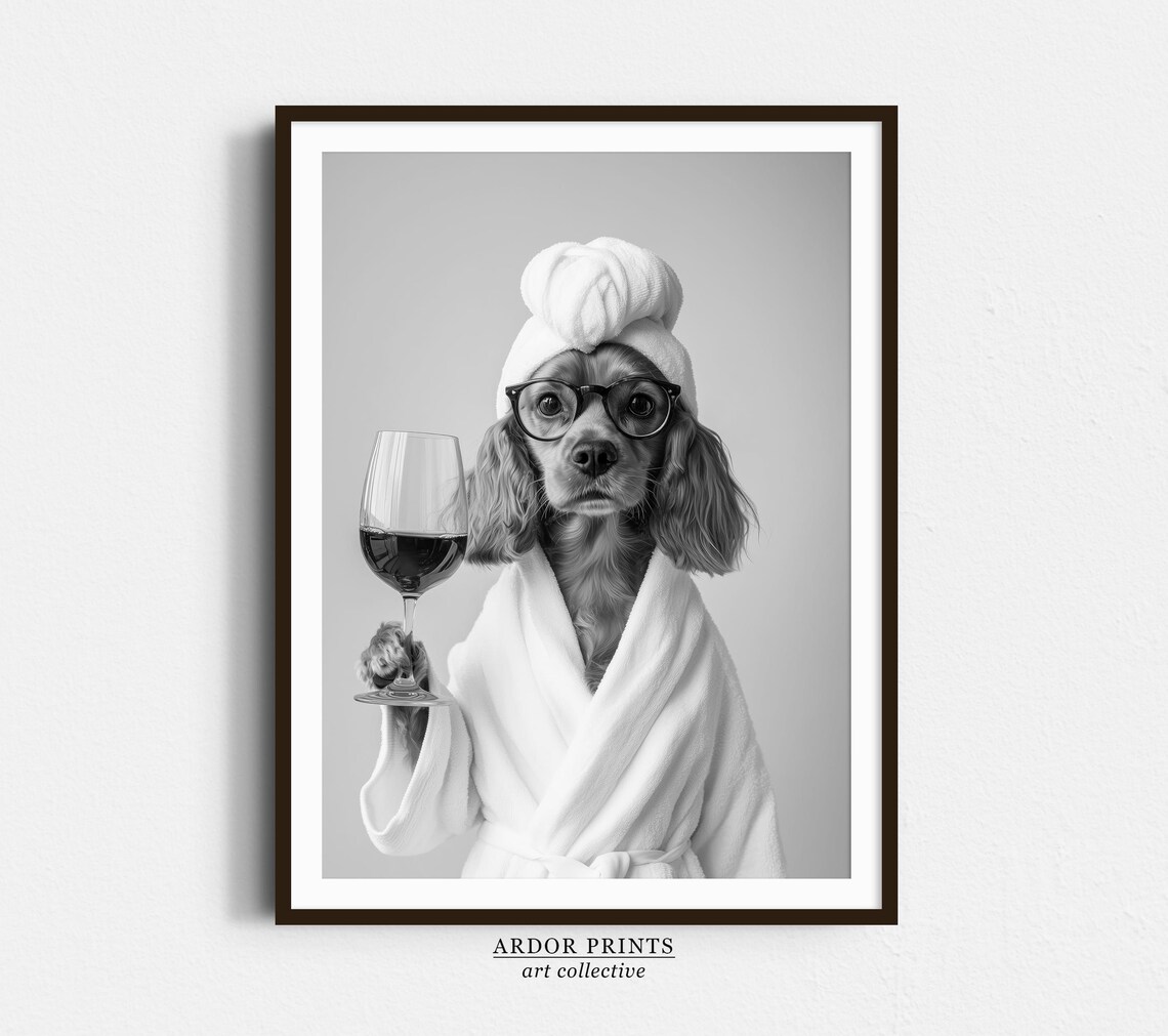 Cocker Spaniel Bathrobe Wine Print, Black And White