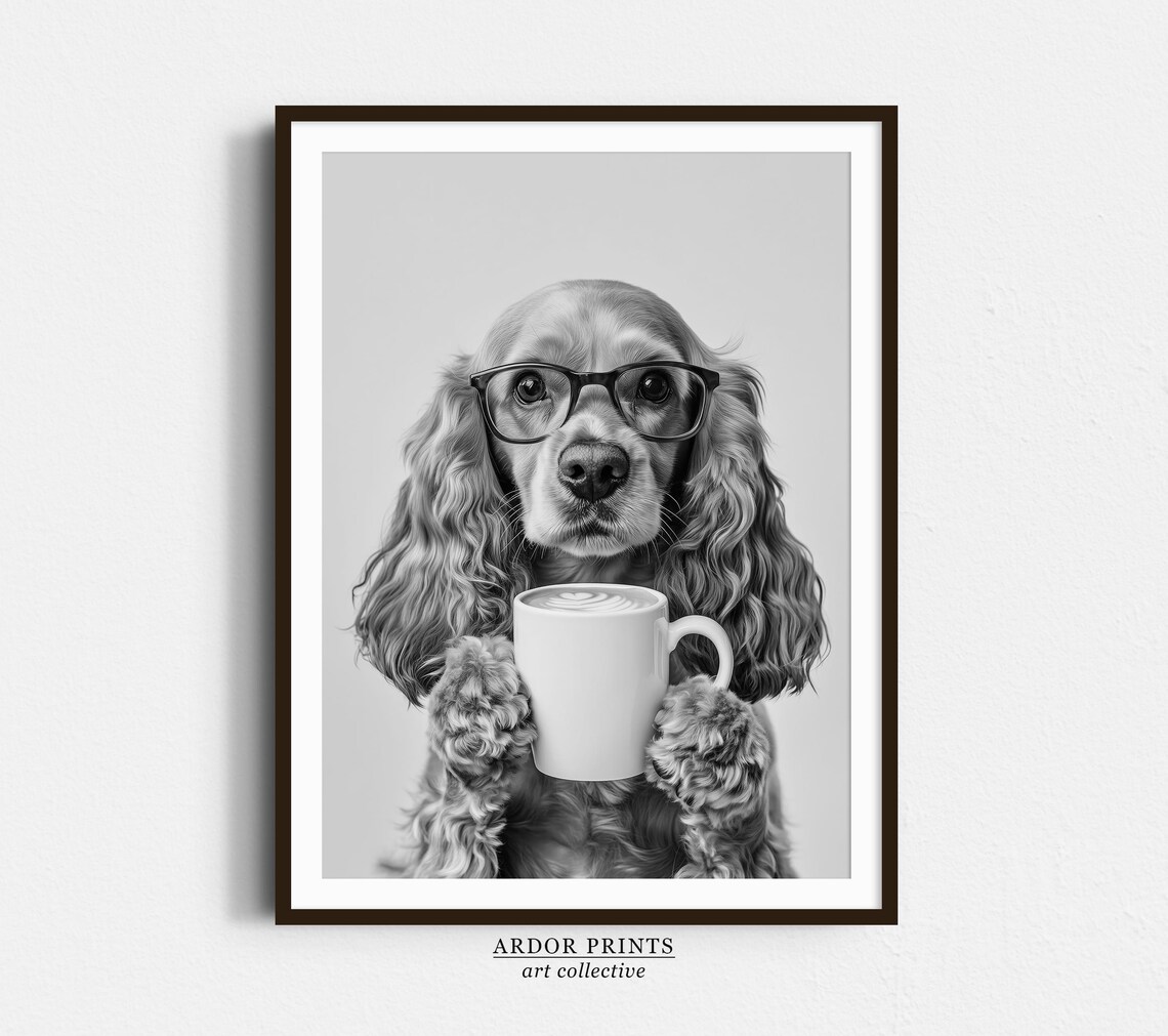 Cocker Spaniel Drinking Coffee, Black And White Print