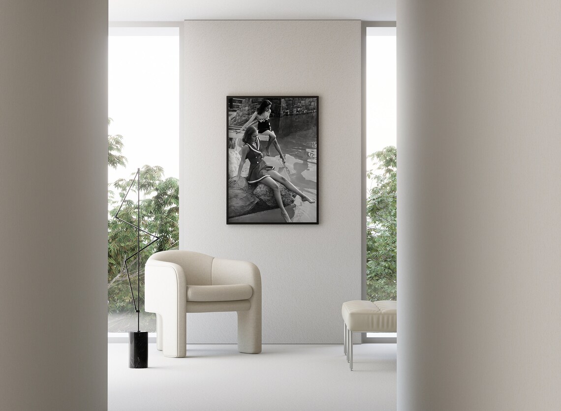 Women In Vintage Swimsuits By The Pool Retro Black And White Poster - Image 3