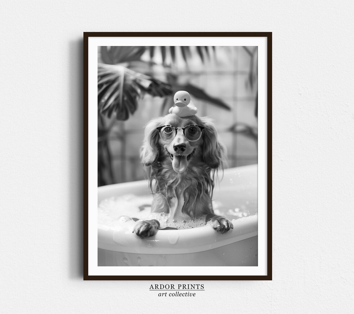 Long Haired Dachshund Bath Bathroom Wall Art Print
