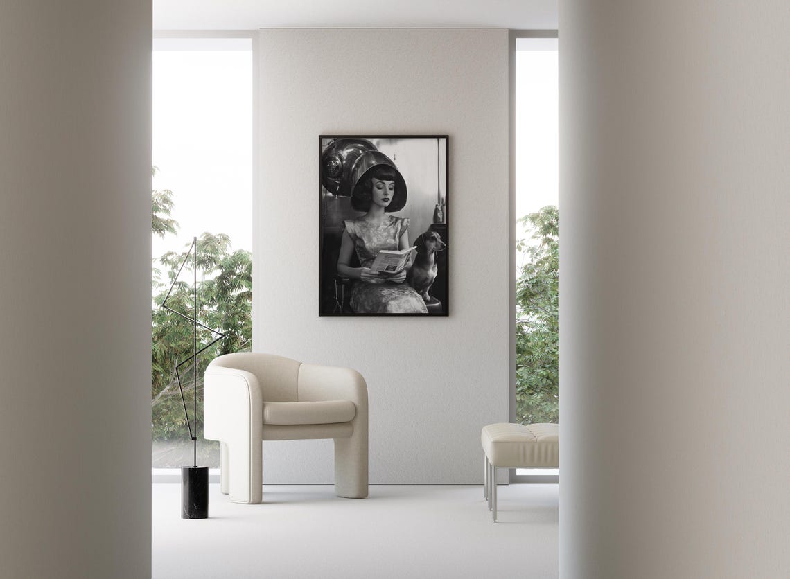 Woman Reading Magazine Under Salon Hair Dryer With Dachshund Poster - Image 3