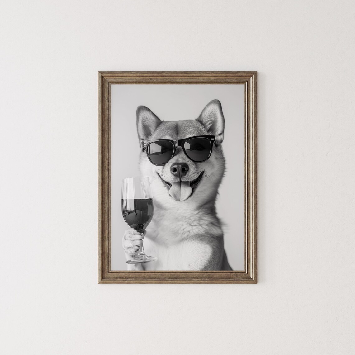 Shiba Inu With Sunglasses Holding Wine Glass Black White Poster - Image 2