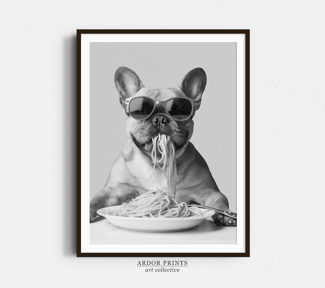 French Bulldog Eating Spaghetti Wearing Sunglasses Funny Dog Poster