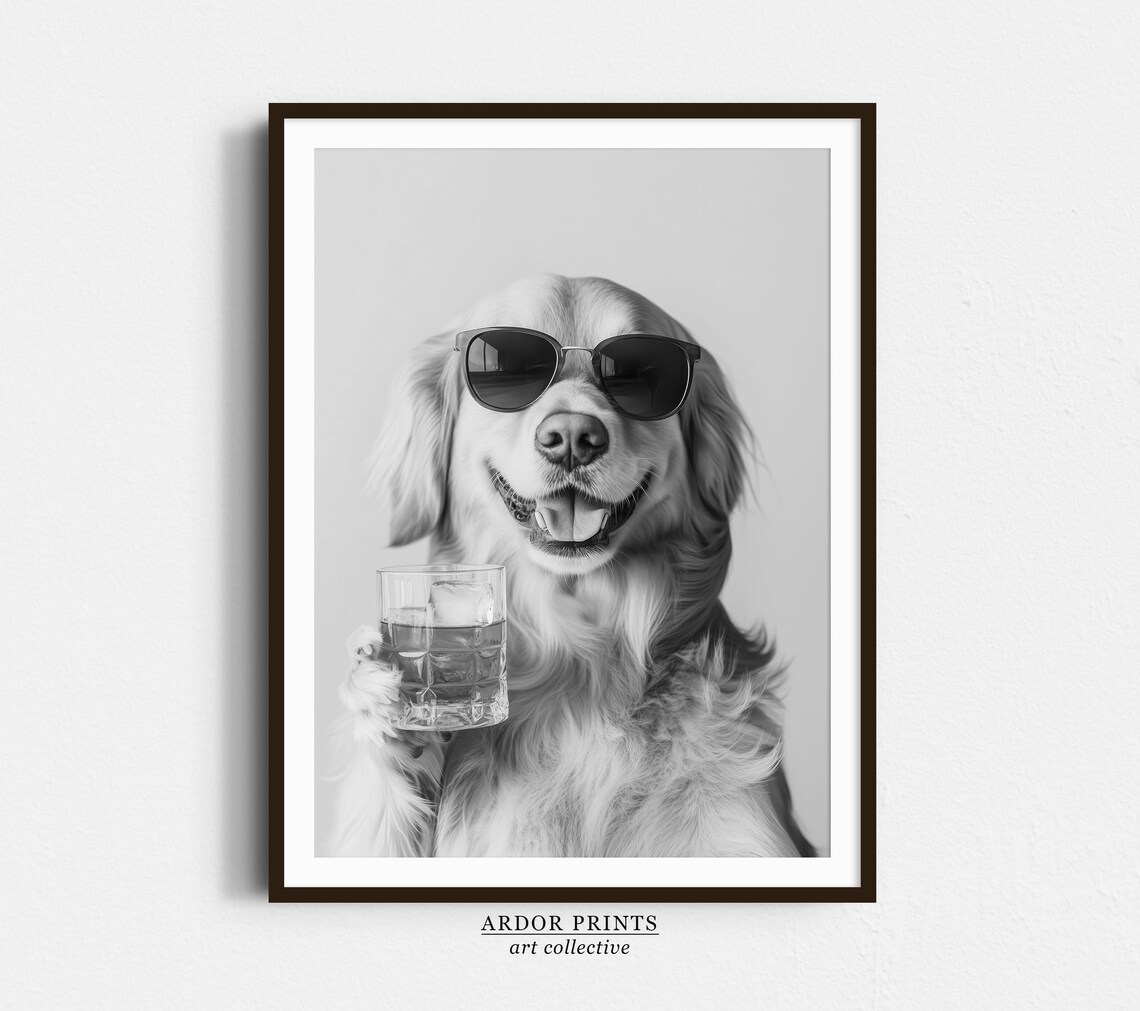 Golden Retriever Drinking Whiskey Art Print, Bar Cart Decor