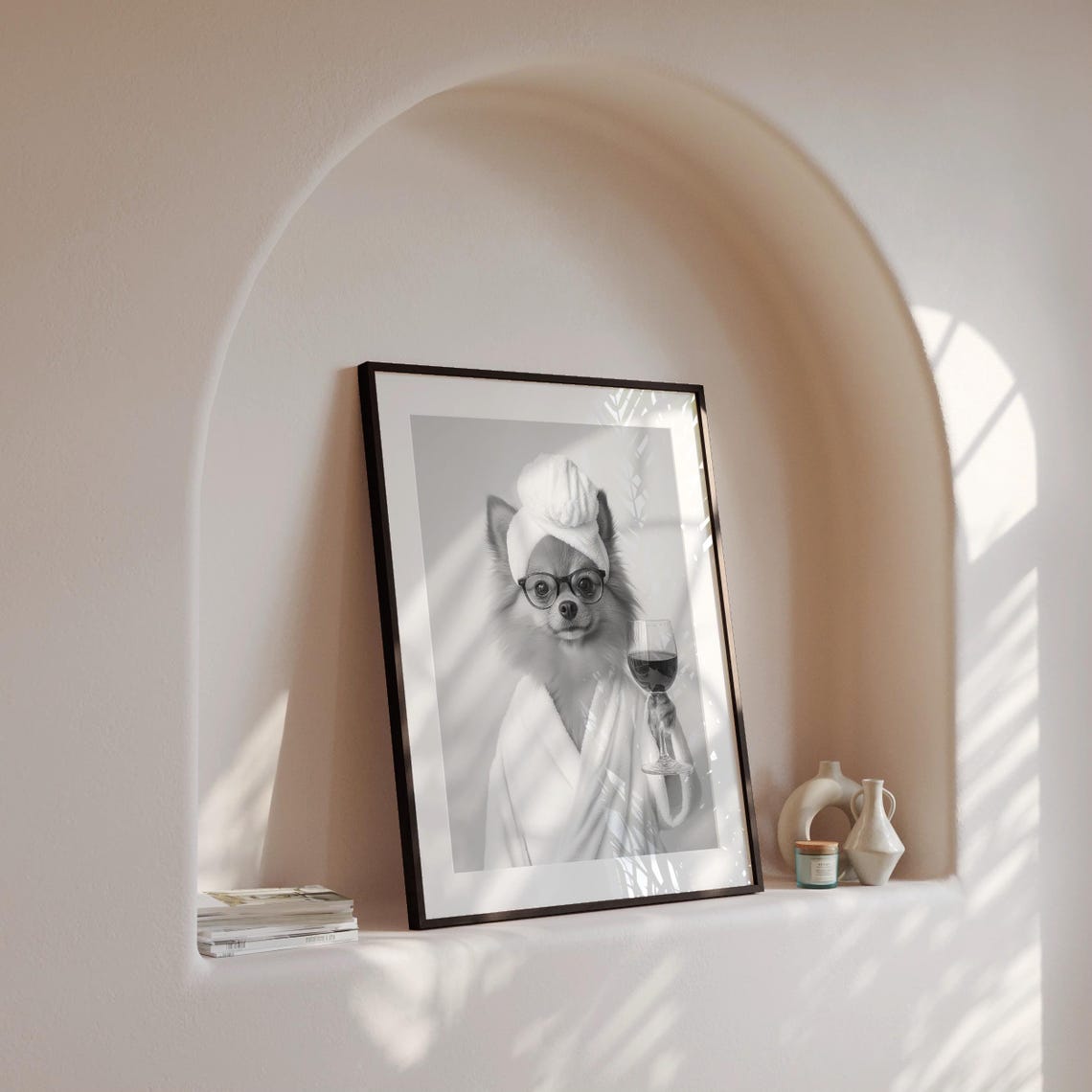 Pomeranian In Bathrobe Holding Wine Glass Funny Bathroom Poster - Image 4