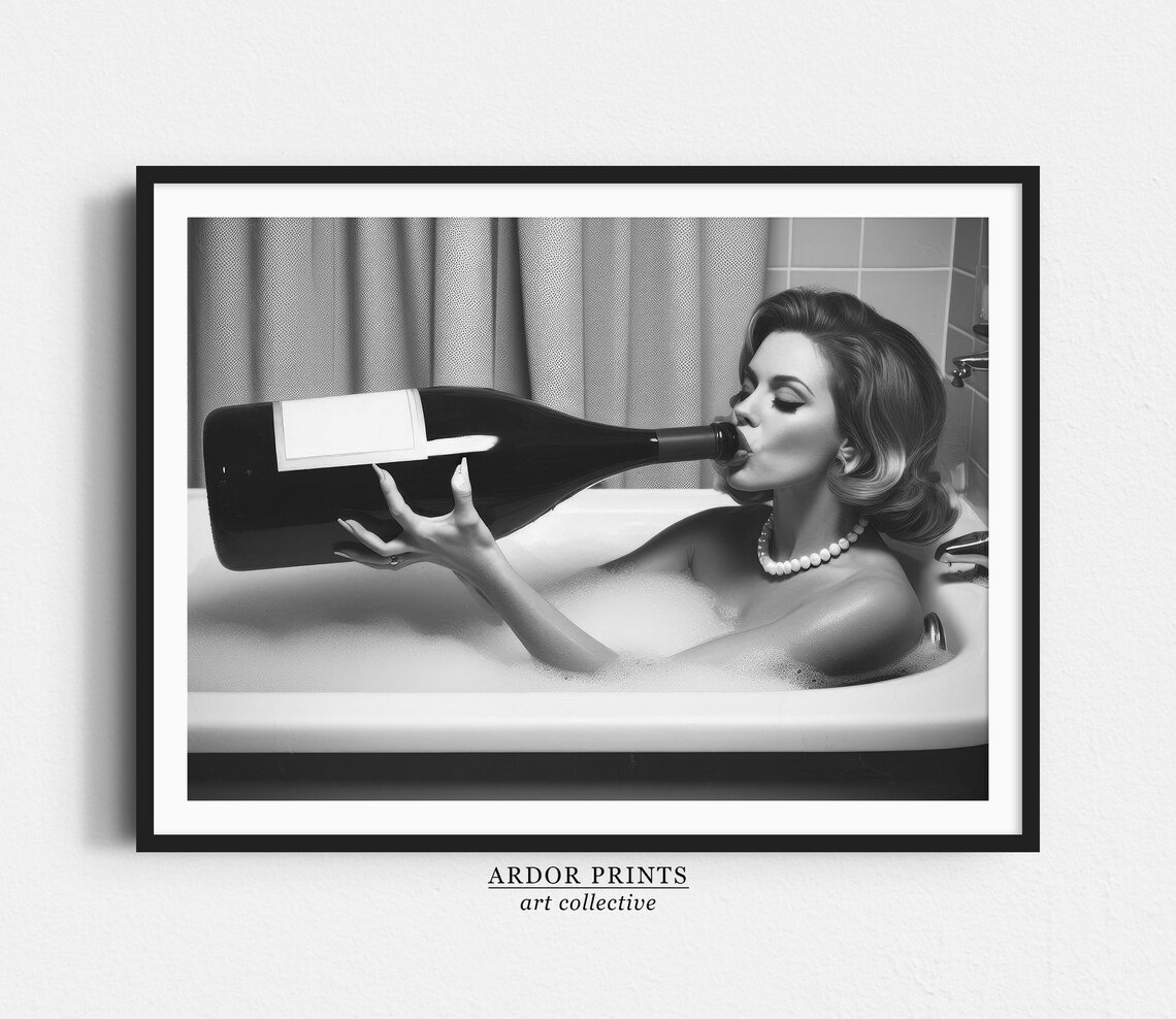 Vintage Woman Drinking Oversized Wine Bathroom Wall Art
