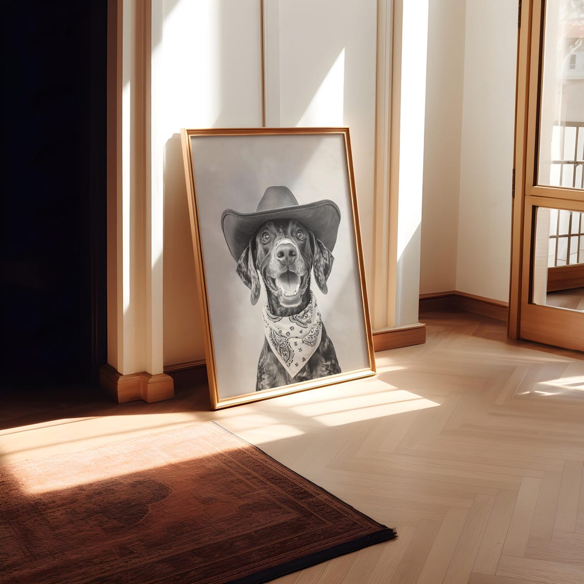 German Shorthaired Pointer Wearing a Cowboy Hat Black and White Poster - Image 2