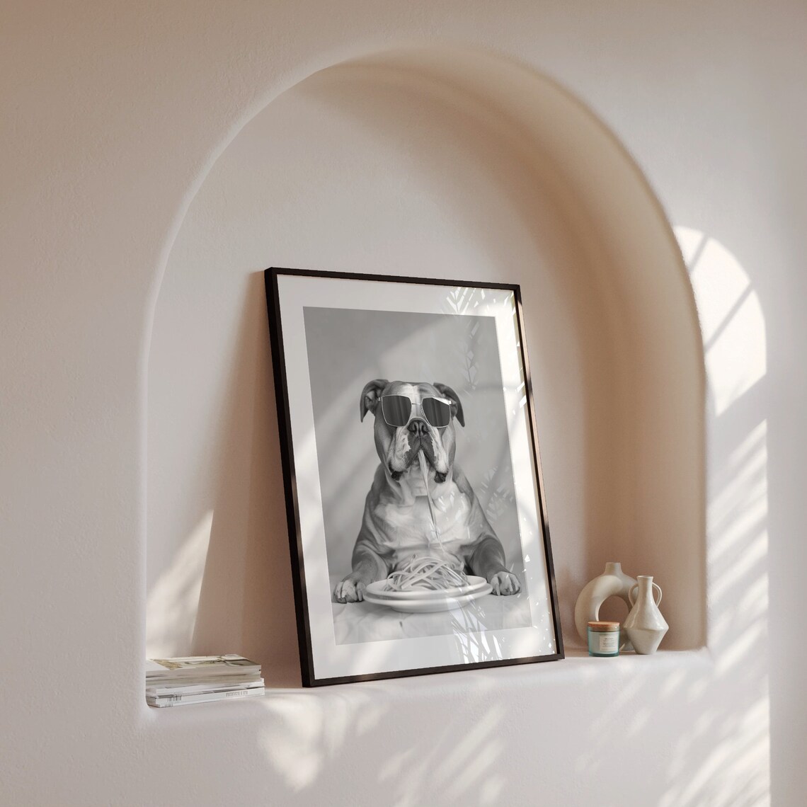 English Bulldog Eating Pasta, Funny Food Art Print - Image 4