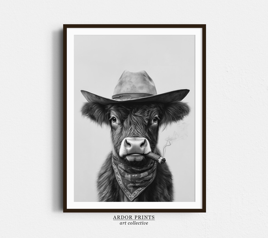 Highland Cow Cowboy Hat Cigar Bandana Western Funny Animal Wall Art