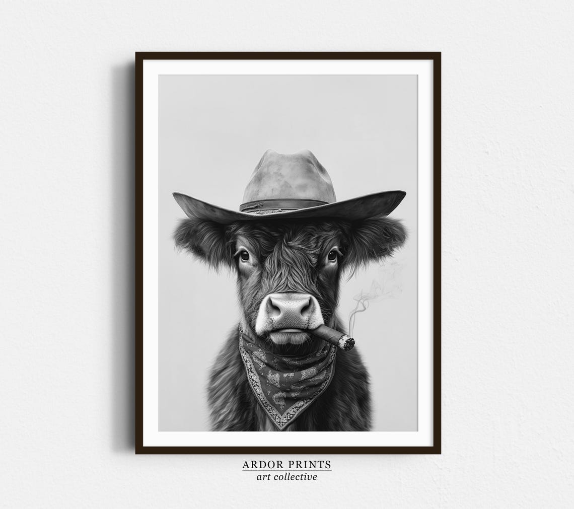 Highland Cow Cowboy Wall Art Western Print Black And White Print Highland Cow Western Art Vintage Animal Poster Trendy Retro Decor