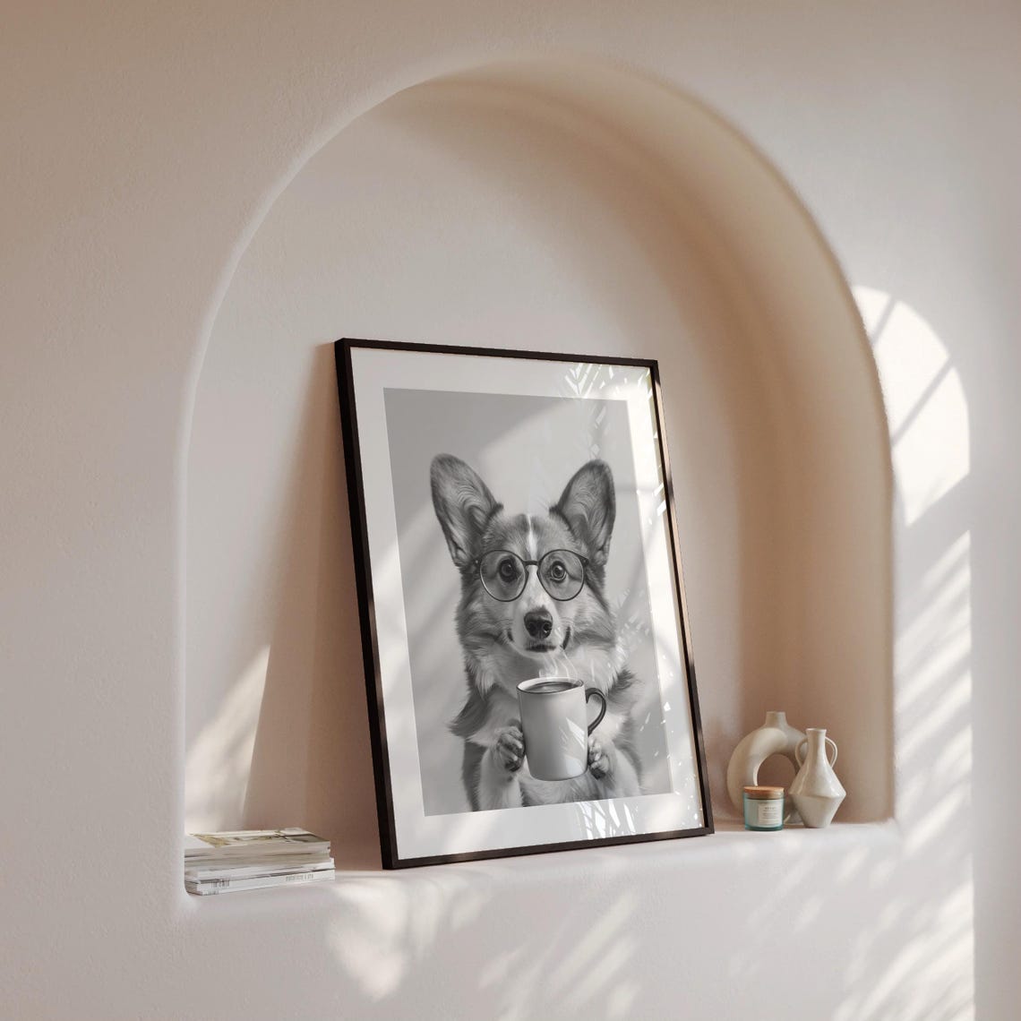 Corgi With Glasses Holding Coffee Mug Black and White Poster - Image 4