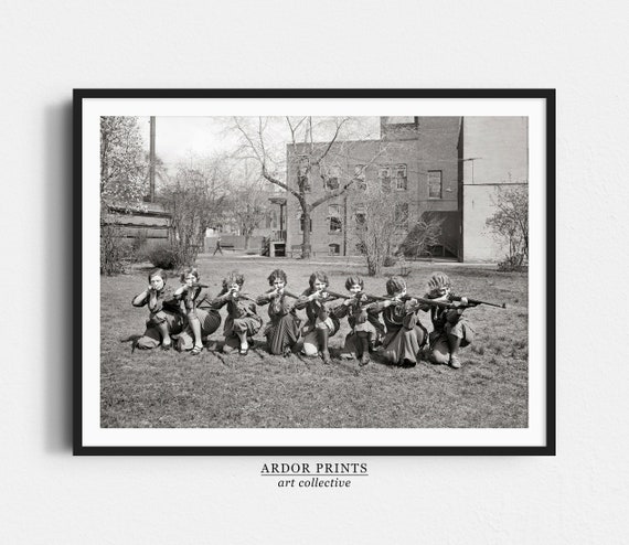 Girls Rifle Team Aiming Rifles Vintage Black And White Photo Poster