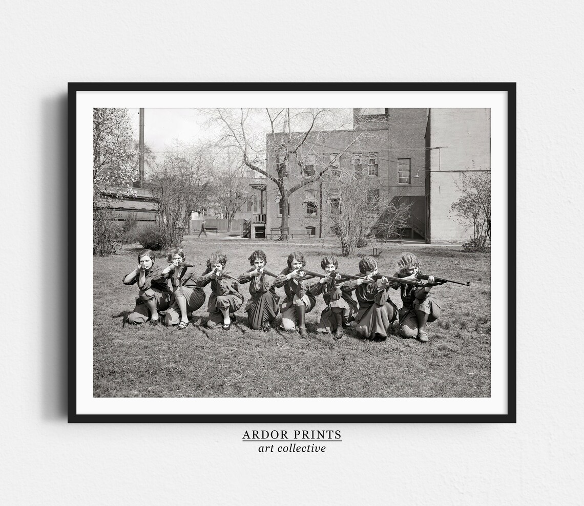 Girls Rifle Team Aiming Rifles Vintage Black And White Photo Poster