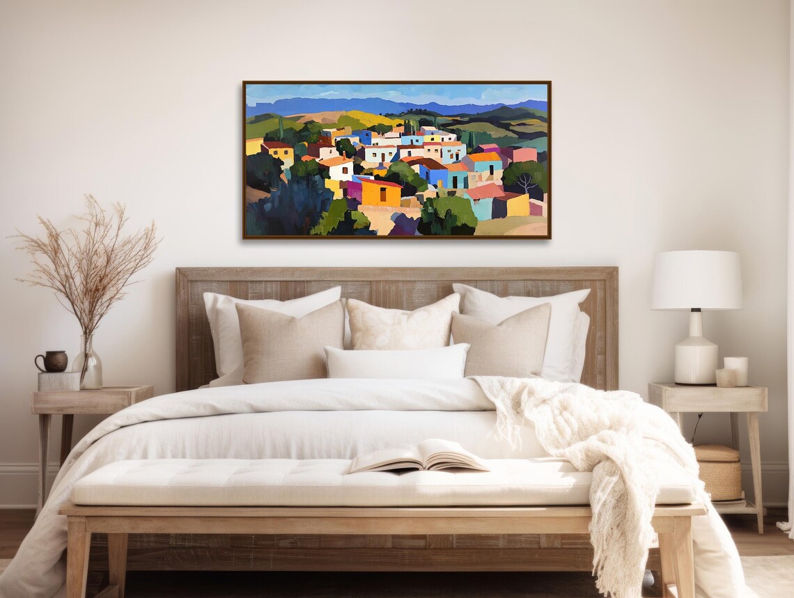 Colorful Mexican Village Painting Hillside Houses Mountains Wall Poster - Image 2