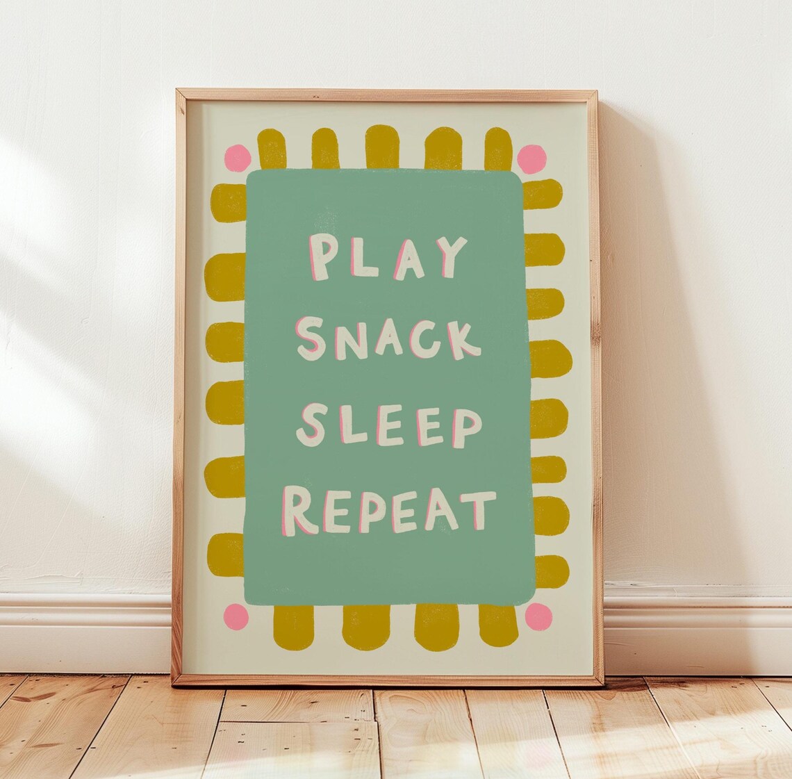 Play Snack Sleep Repeat Kids Playroom Poster Green Pink Cute Decor