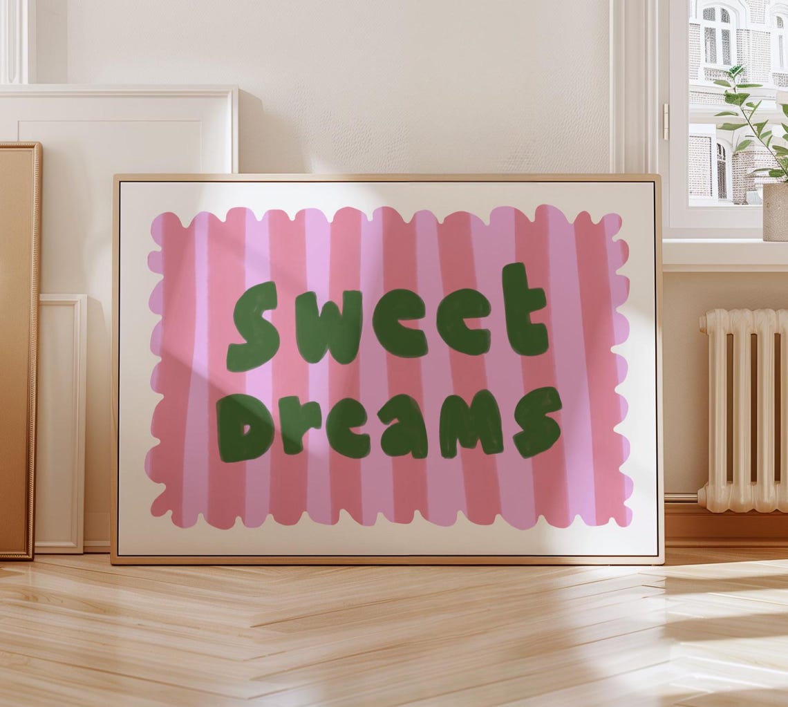Sweet Dreams Nursery Poster Green Letters Pink Striped Panel Art
