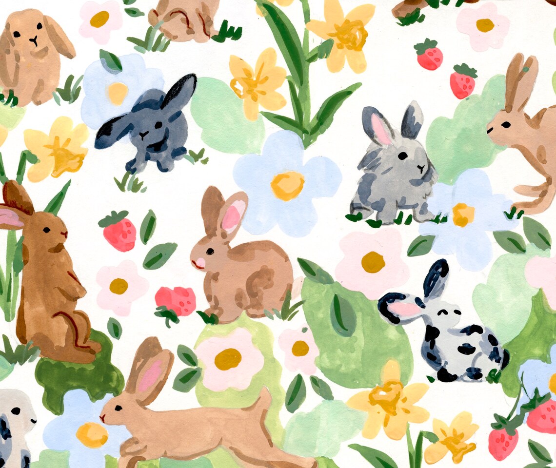 Rabbits and Strawberries Watercolor Art Print - Image 4