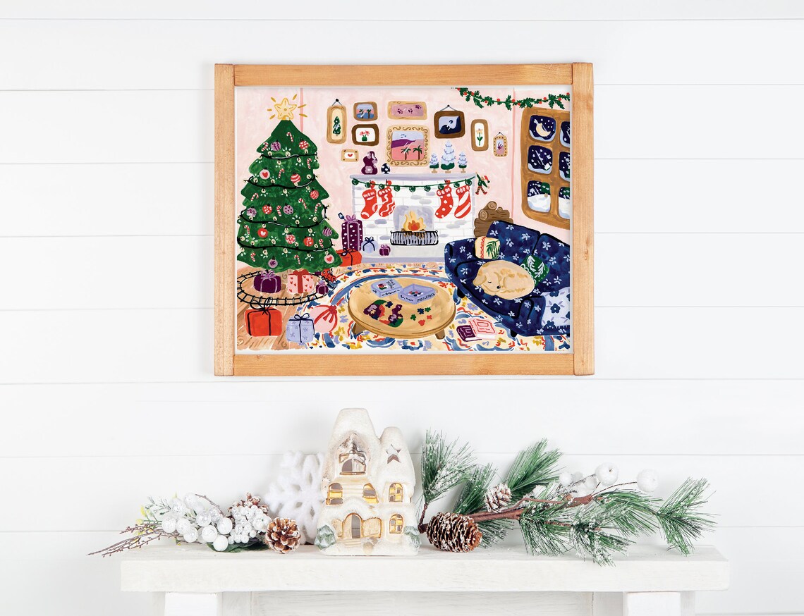 Christmas Living Room Art Print, Holiday Watercolor - Image 2