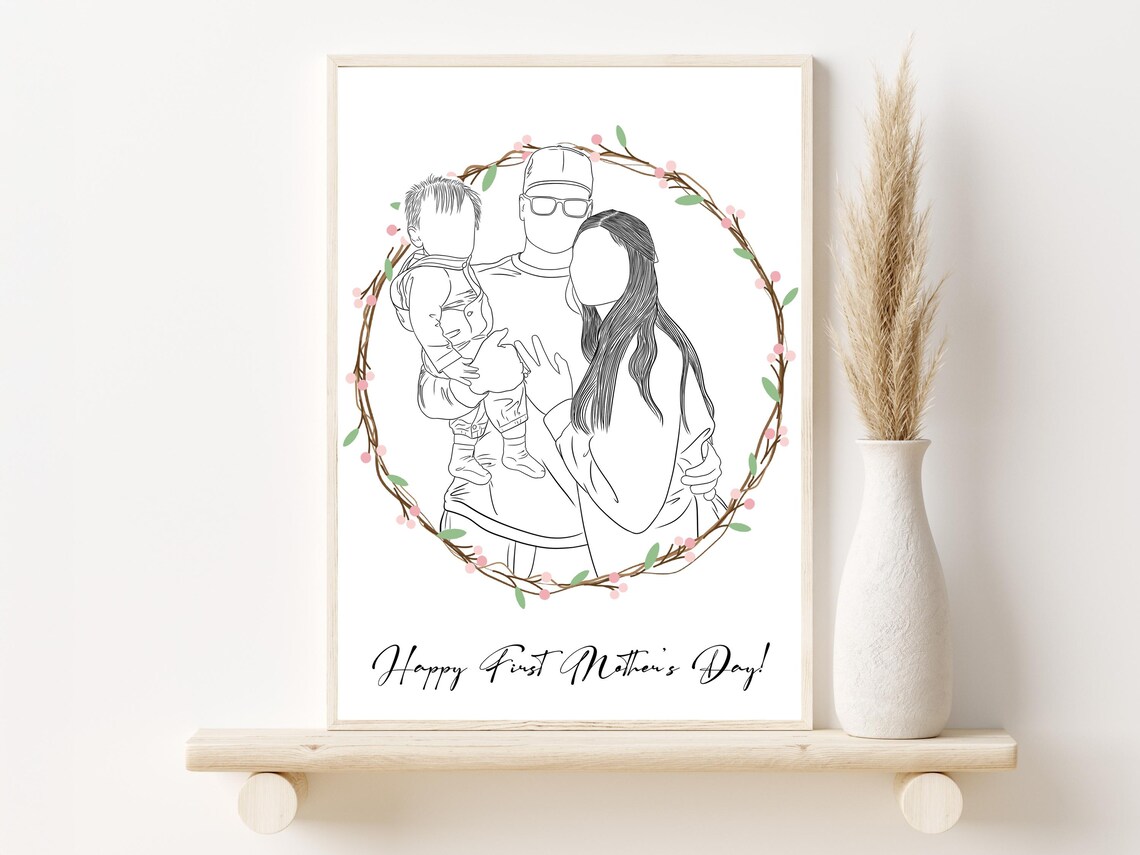 Custom Family Line Portrait First Mothers Day Gift Personalized Wall Art
