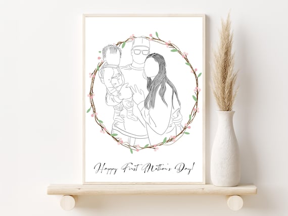 Custom Family Line Portrait First Mothers Day Gift Personalized Wall Art