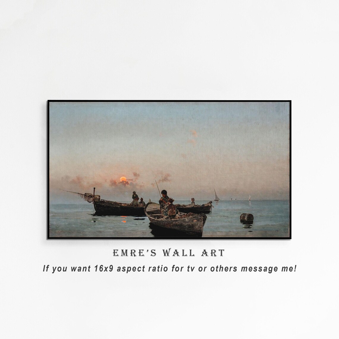 Fishing Boats at Sunset Vintage Seascape Orange Sun Ocean Painting Poster - Image 4