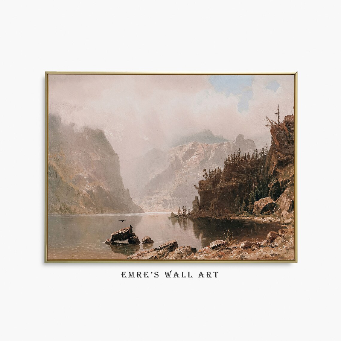 Misty Mountain Lake Cliffs Rocks Moody Landscape Scene Poster