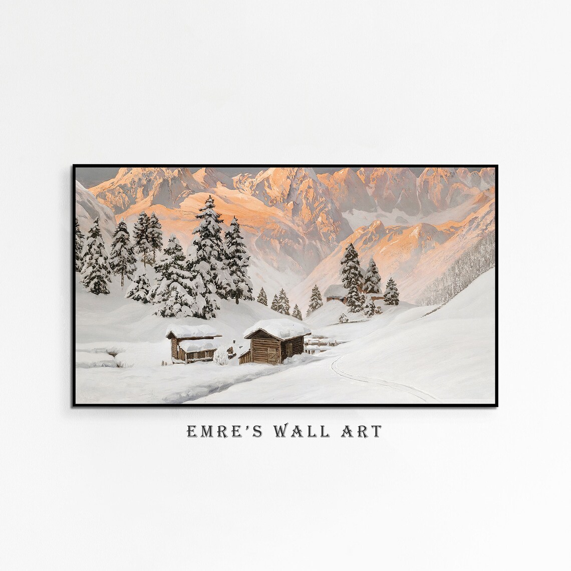 Alpine Cabins Snow Alpenglow Mountain Winter Landscape Painting Poster - Image 4