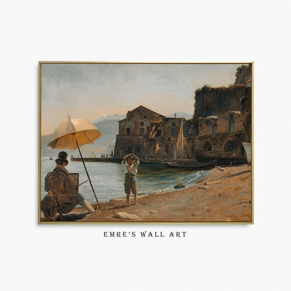 Artist Painting Boy on Beach Vintage Coastal Town Seaside Poster