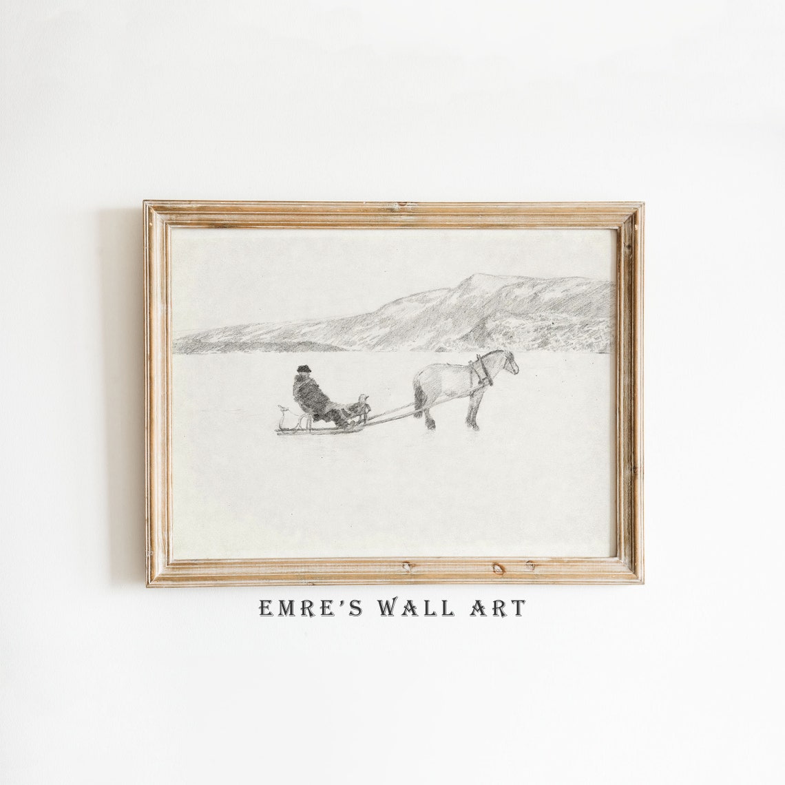 Horse Drawn Sleigh in Snow Vintage Pencil Sketch Winter Scene Poster