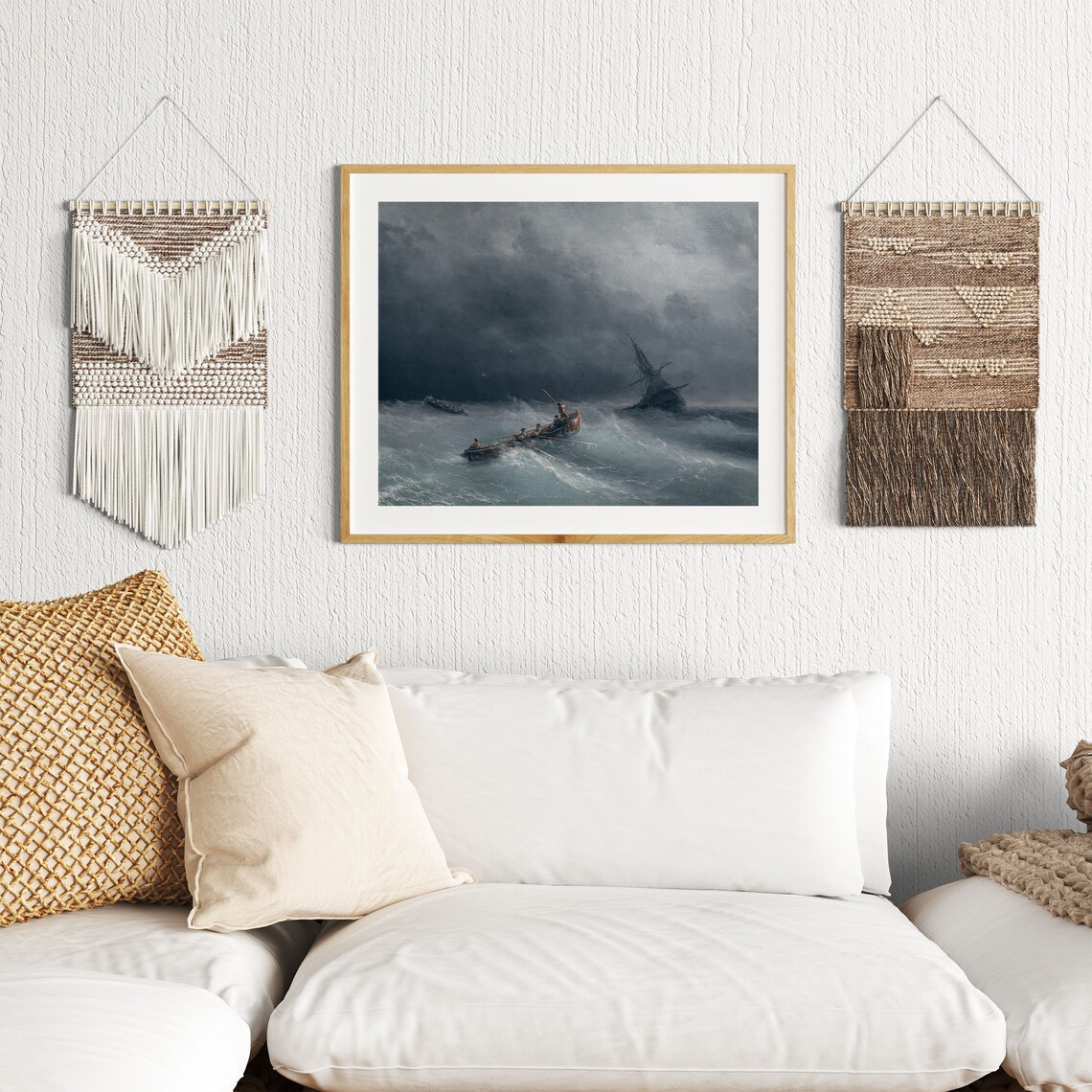 Stormy Seascape Dramatic Ocean Waves Rowboat Moody Art Print - Image 2