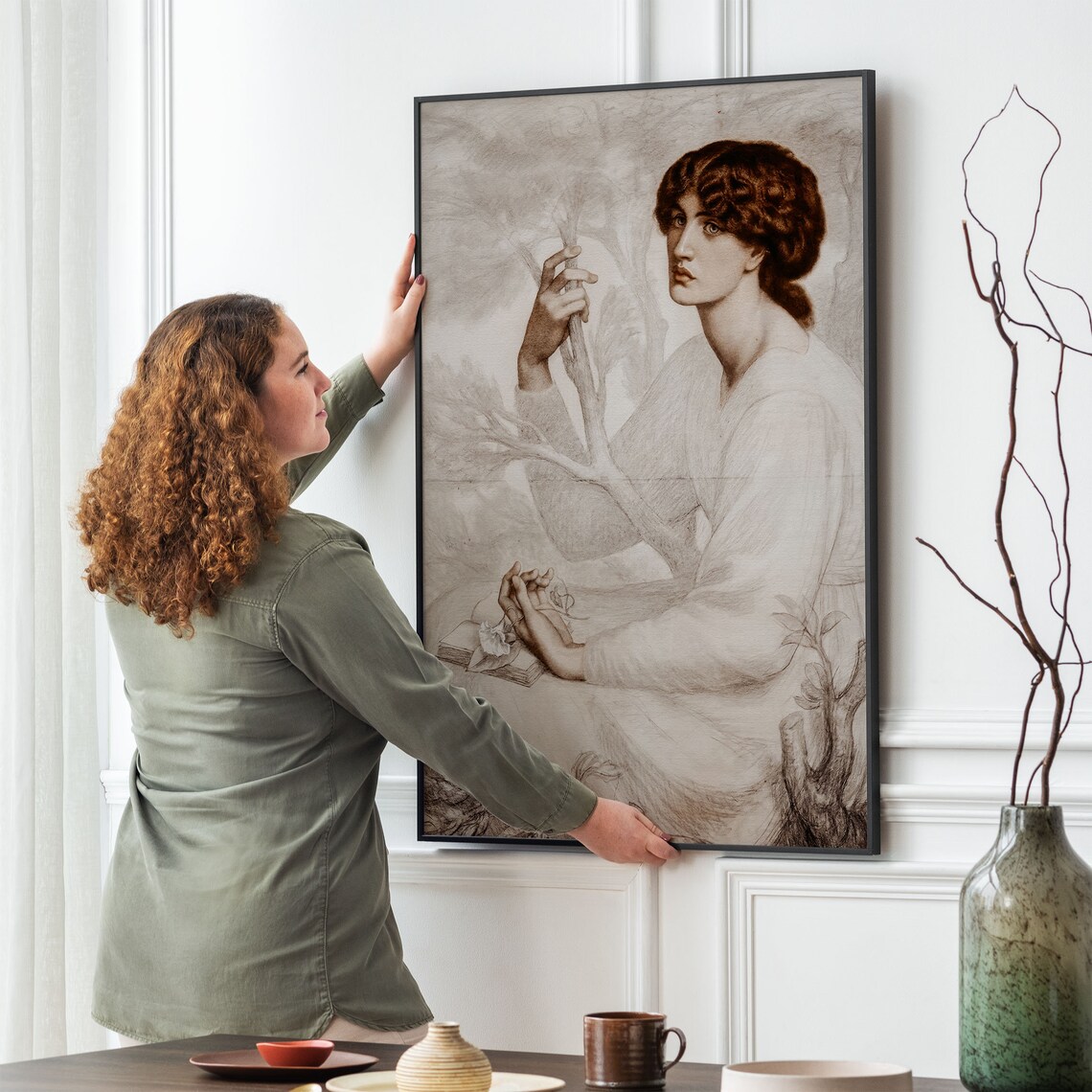 Auburn Haired Woman Sepia Portrait With Branch Antique Wall Art - Image 2