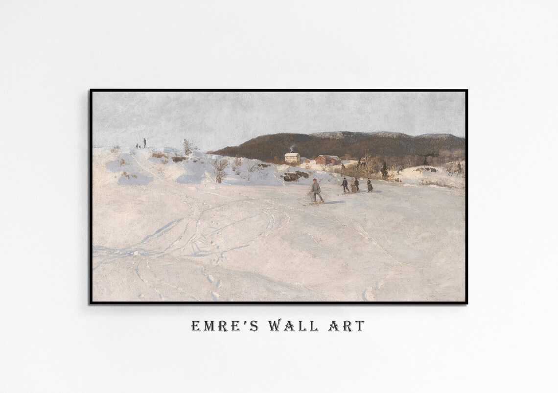Winter Skiers Crossing Snowy Field Red Barns Vintage Scene Poster - Image 4