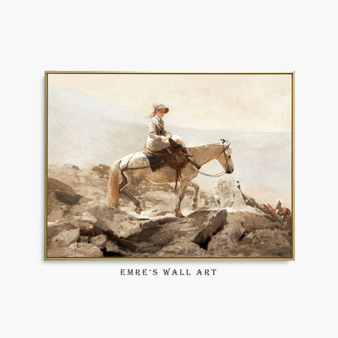 Girl Riding White Horse Rocky Shore Vintage Equestrian Poster