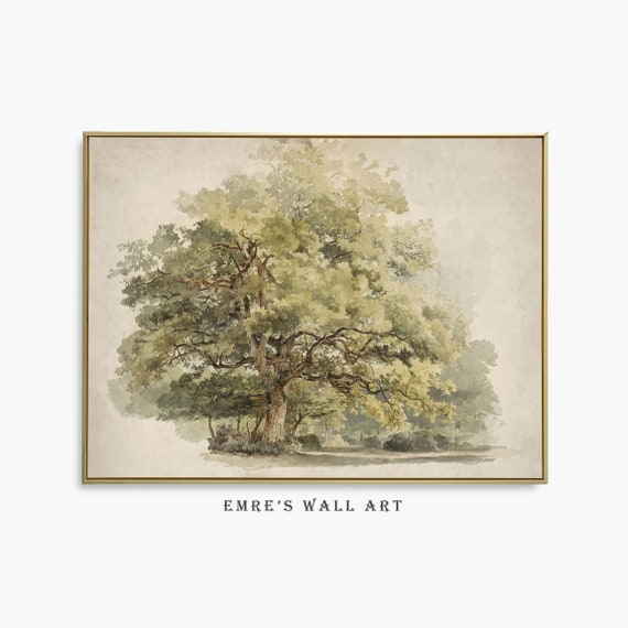 Vintage Rustic Landscape Painting Antique Watercolor Tree Wall Art Vintage Tree Art Print Vintage Art