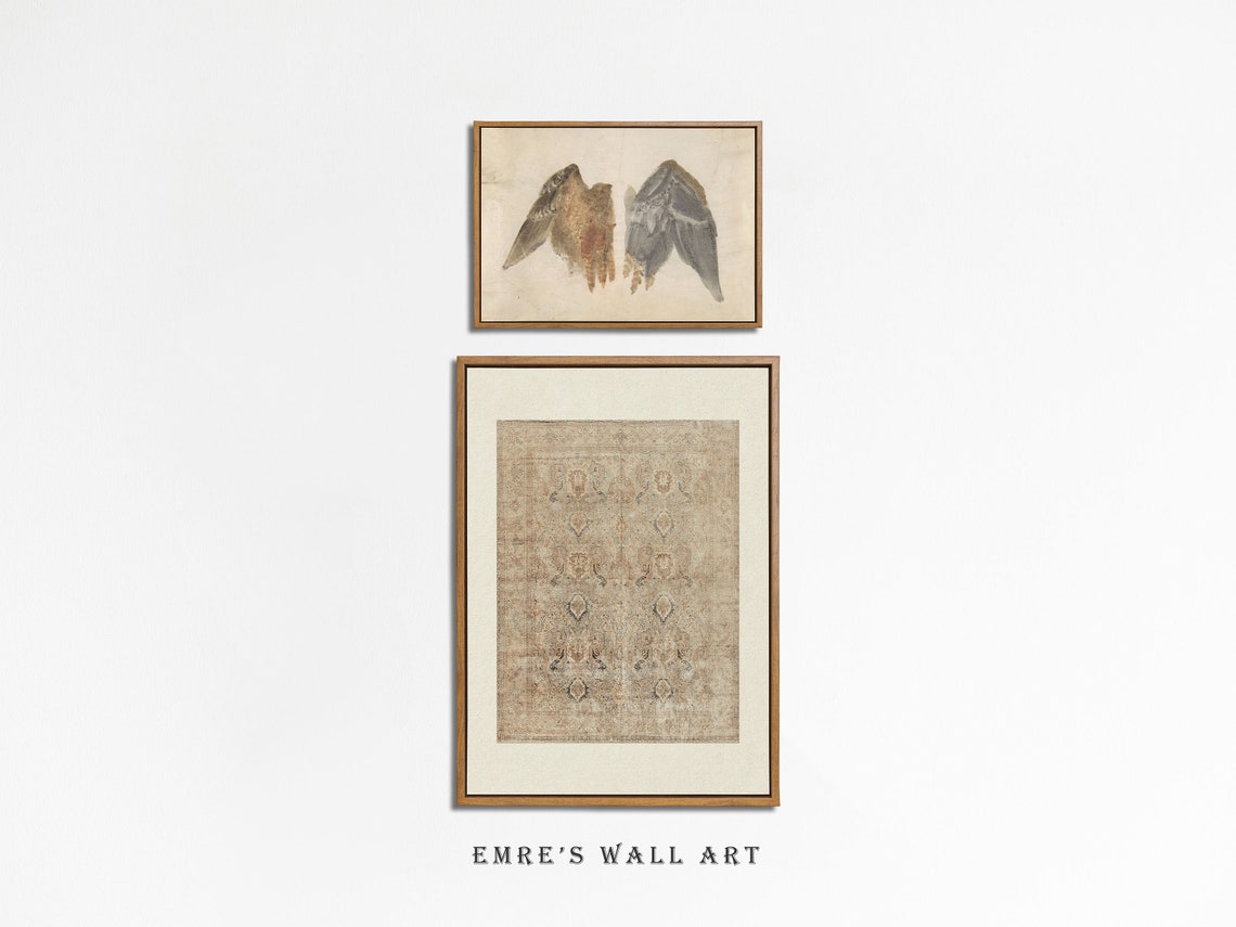 Bird Wing Study and Antique Rug Textile Vintage Two Print Set Artwork - Image 2