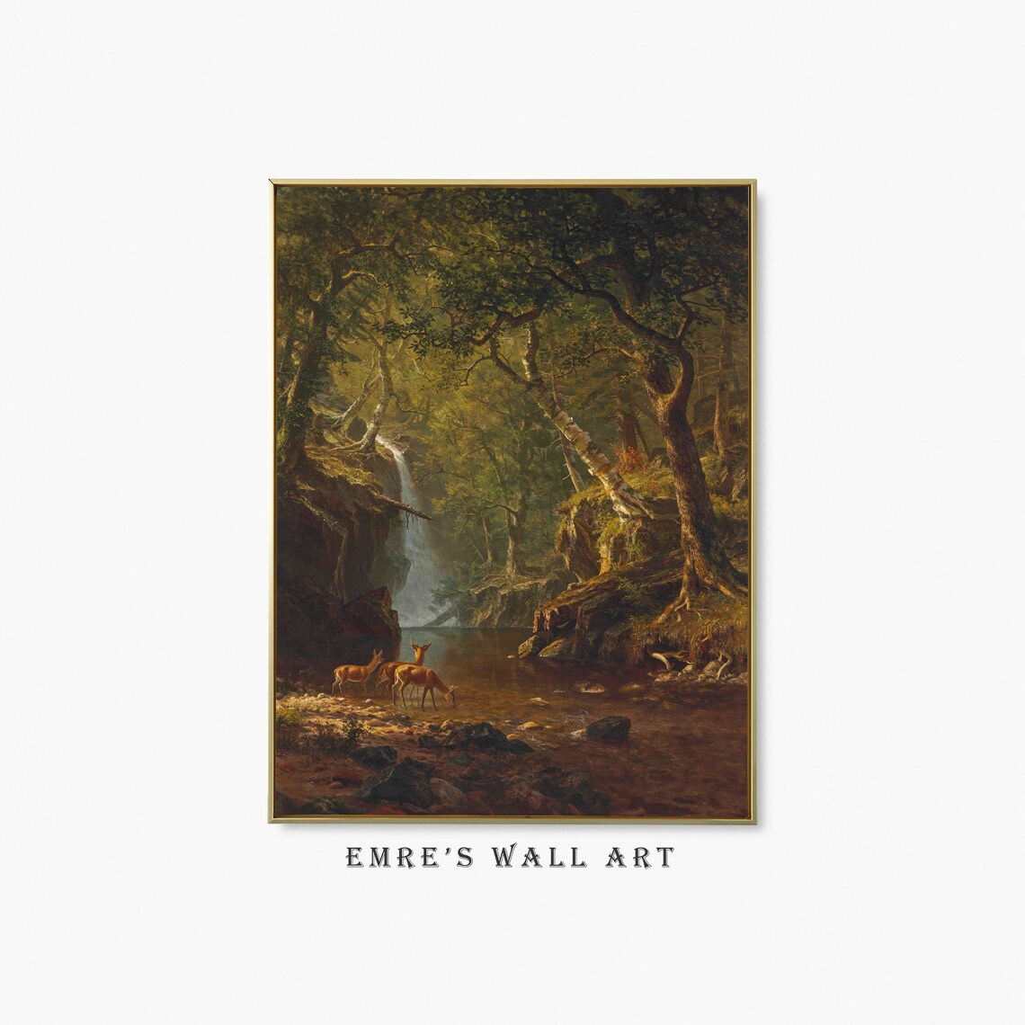 Vintage Waterfall Landscape Art Print, Deer Forest Scene
