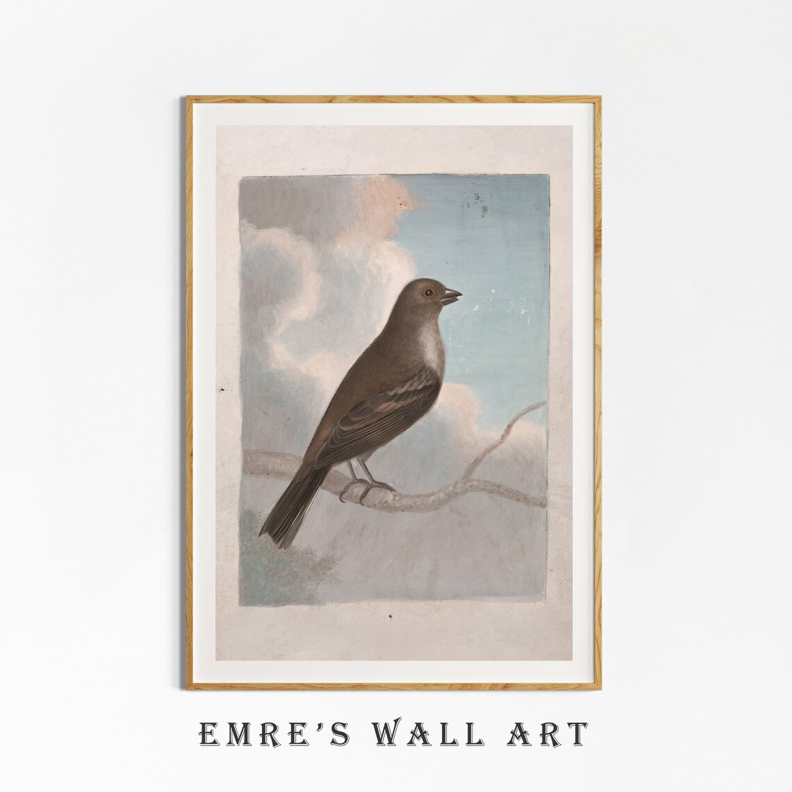 Brown Songbird on Branch Vintage Bird Illustration Cloudy Sky Poster - Image 4