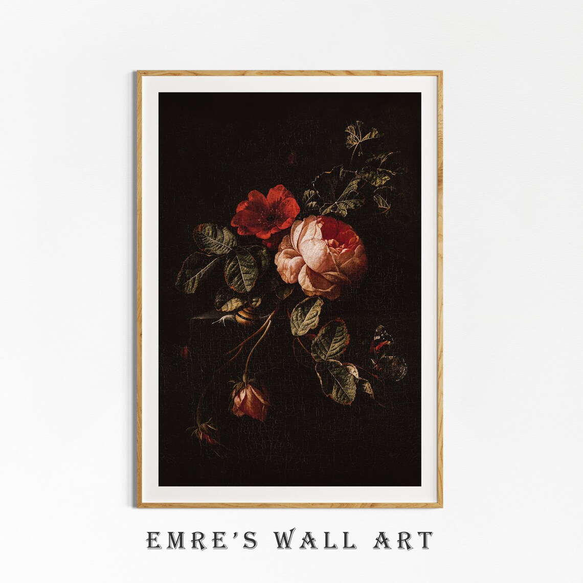 Moody Dark Roses Still Life Oil Painting Red Poppy Black Art Poster - Image 4