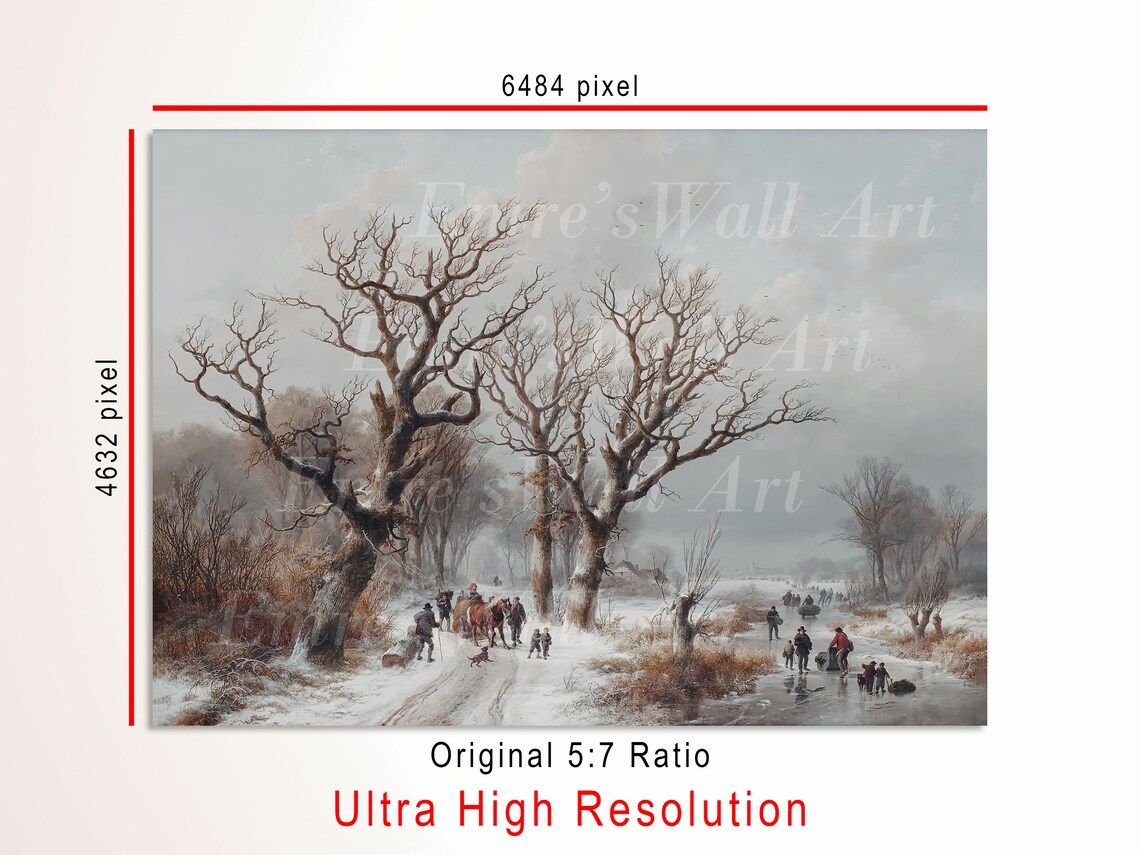Bare Oak Trees Frozen Pond Winter Skaters Vintage Oil Painting Poster - Image 3