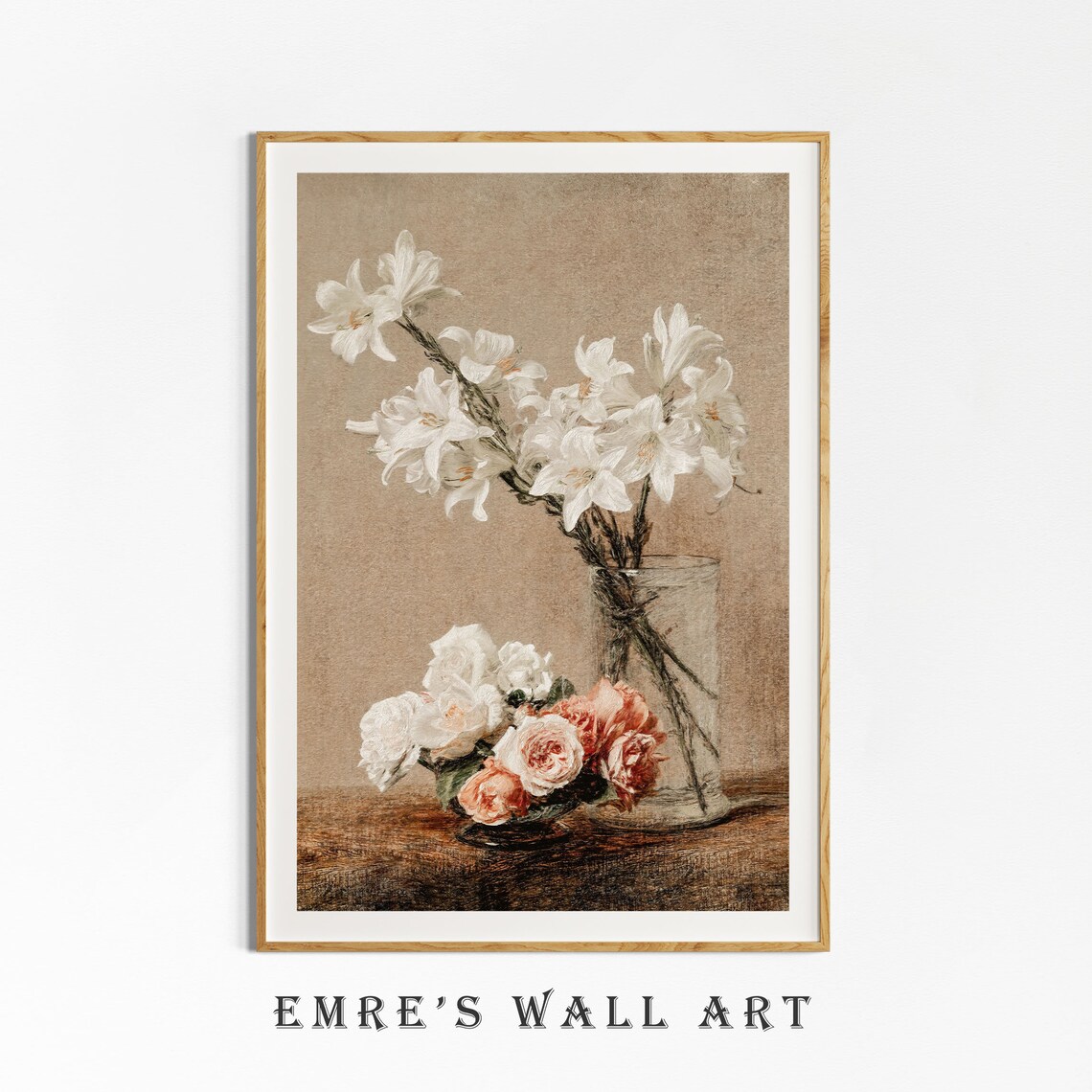 White Lilies And Pink Roses Floral Still Life Vintage Painting Poster - Image 4