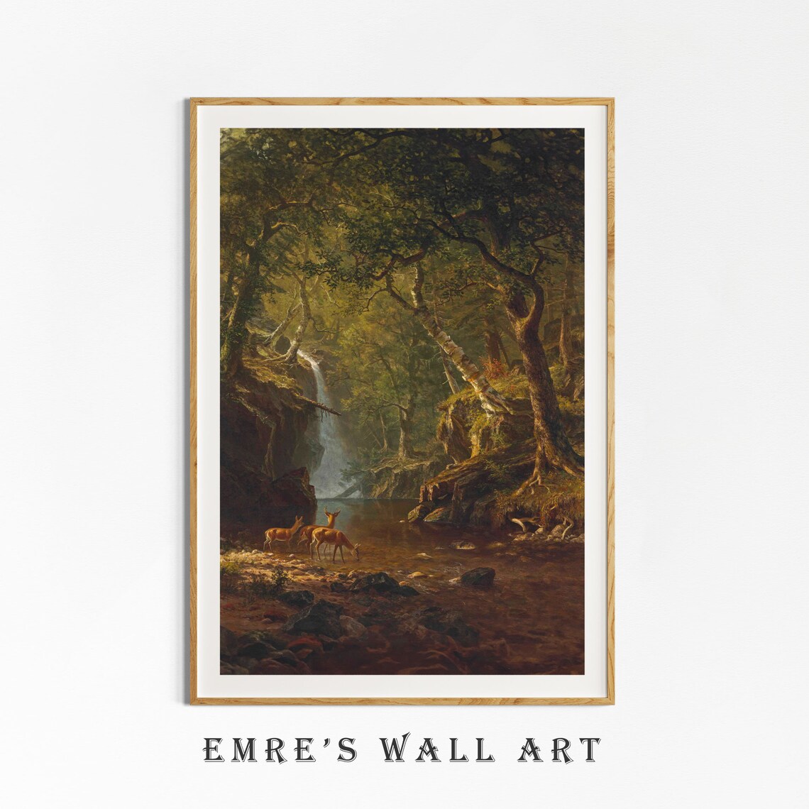 Vintage Waterfall Landscape Art Print, Deer Forest Scene - Image 4