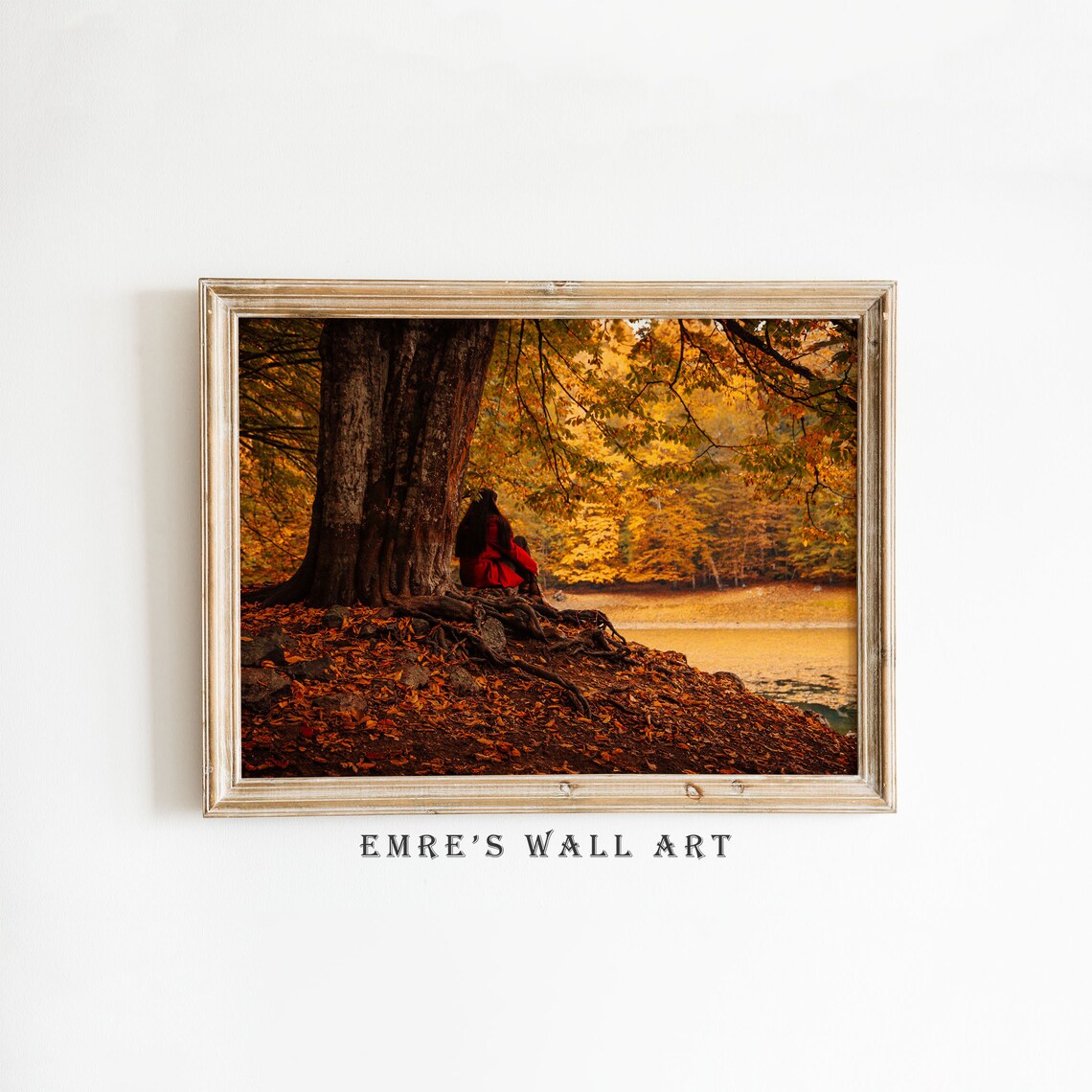 Woman in Red Coat Autumn Tree Golden Lake Shore Photo Poster - Image 2