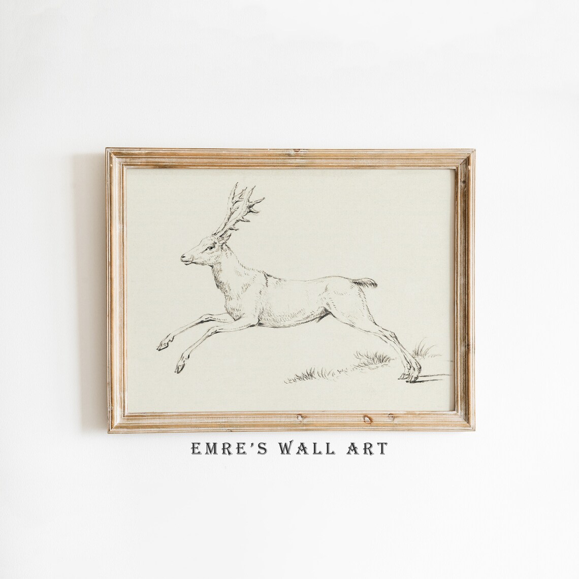 Vintage Leaping Stag Sketch Pencil Drawing Deer Wildlife Artwork Poster