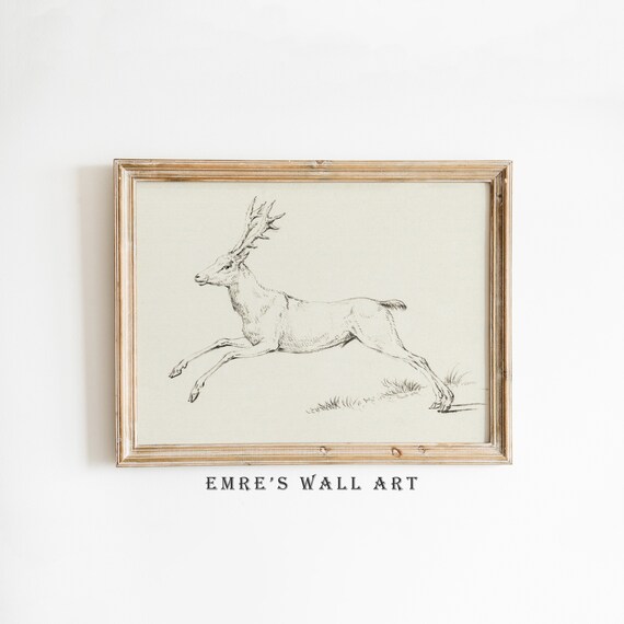 Vintage Leaping Stag Sketch Pencil Drawing Deer Wildlife Artwork Poster